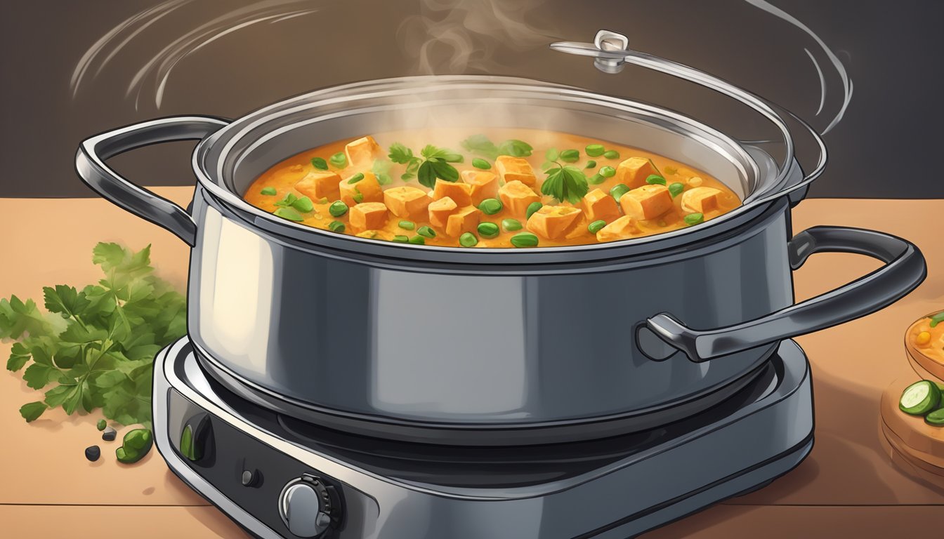 A steaming pot of matar paneer being gently reheated on a stovetop, with aromatic spices wafting through the air