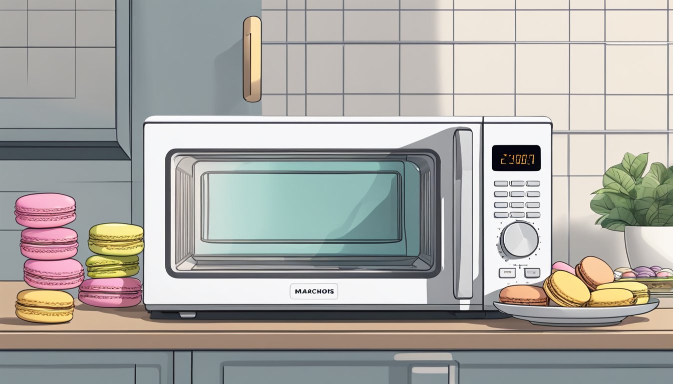 A microwave with a plate of macarons rotating inside. A timer set to a few seconds