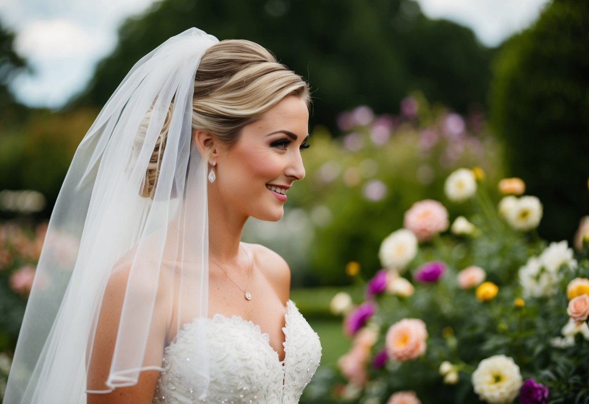 A bride's veil flutters in the breeze, her hair cascading down or elegantly pinned up, as she stands in a garden surrounded by flowers