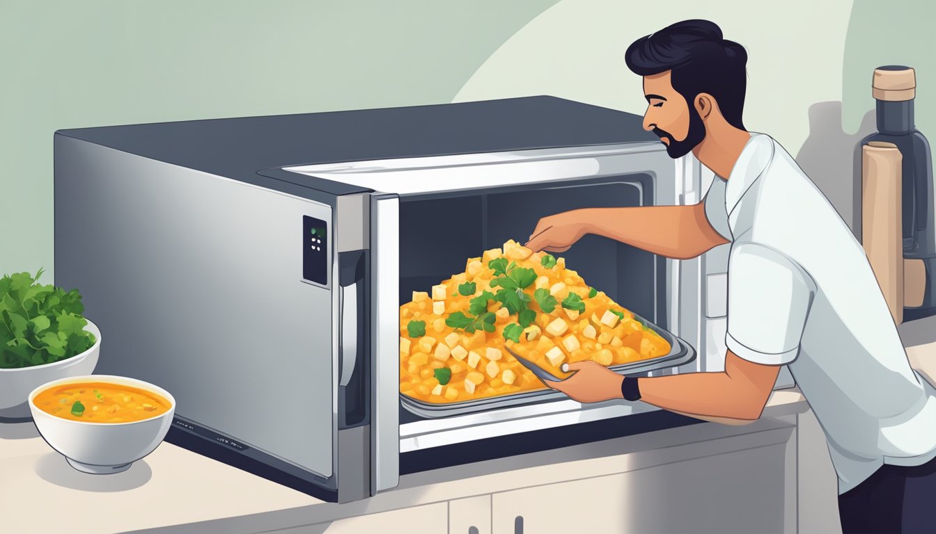 A person placing a container of matar paneer in a microwave