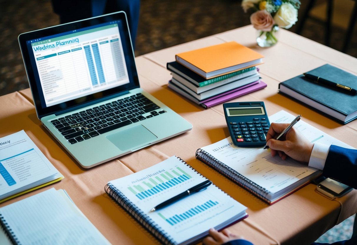 A table covered in wedding planning books, with a calculator, notebook, and pen. A laptop open to a budget spreadsheet