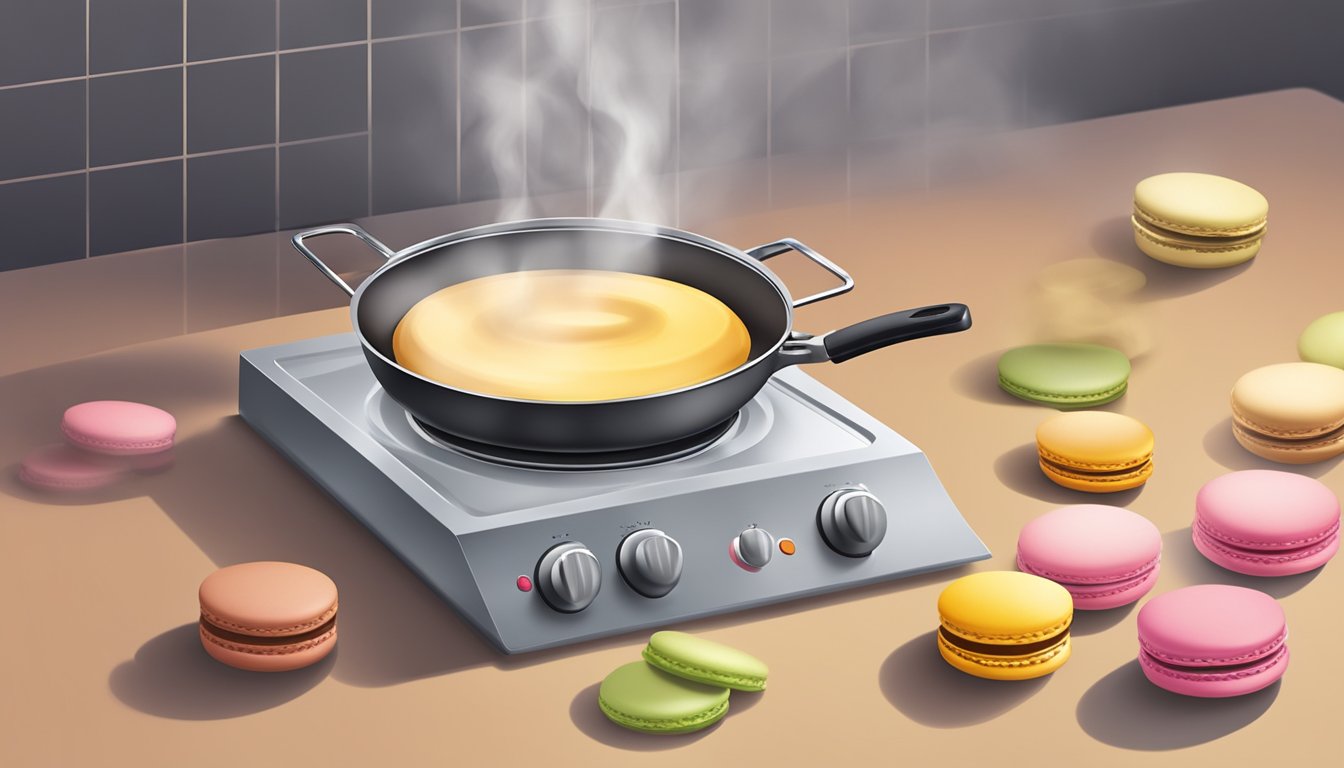 A stovetop with a small pan heating macarons over low flame