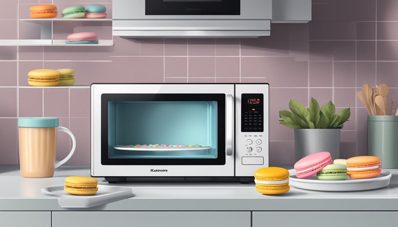 A microwave with an open door, a plate of macarons on the turntable, and the digital display showing the timer for reheating