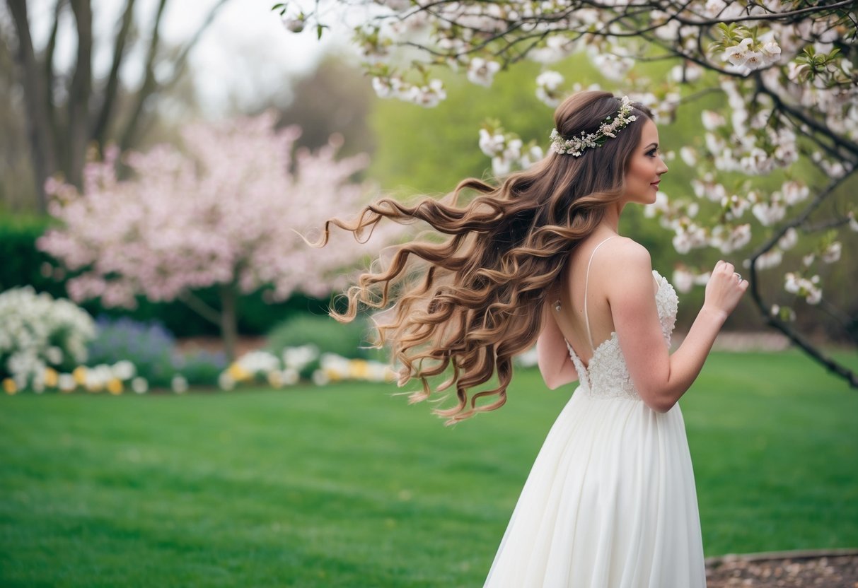 A bride with long hair stands in a garden in spring, her hair flowing down in loose curls, with blossoms and greenery in the background