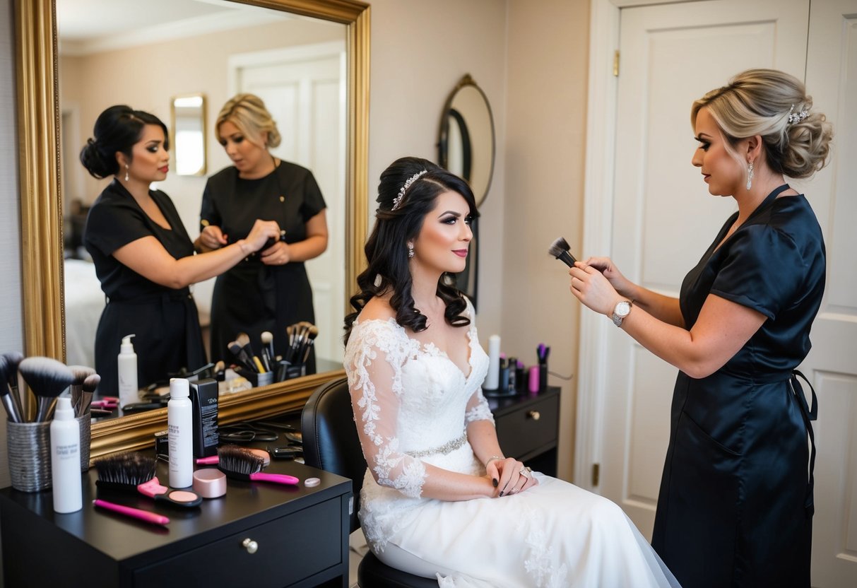 A bride sits patiently as a hairstylist and makeup artist work on her, surrounded by brushes, hair products, and a mirror