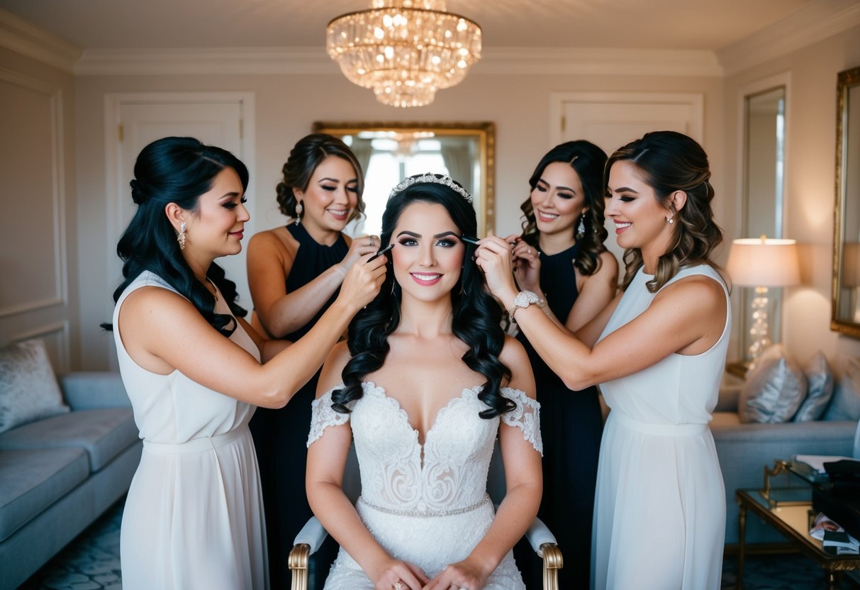 A team of stylists surrounds a bride, applying makeup and styling her hair in a luxurious bridal suite