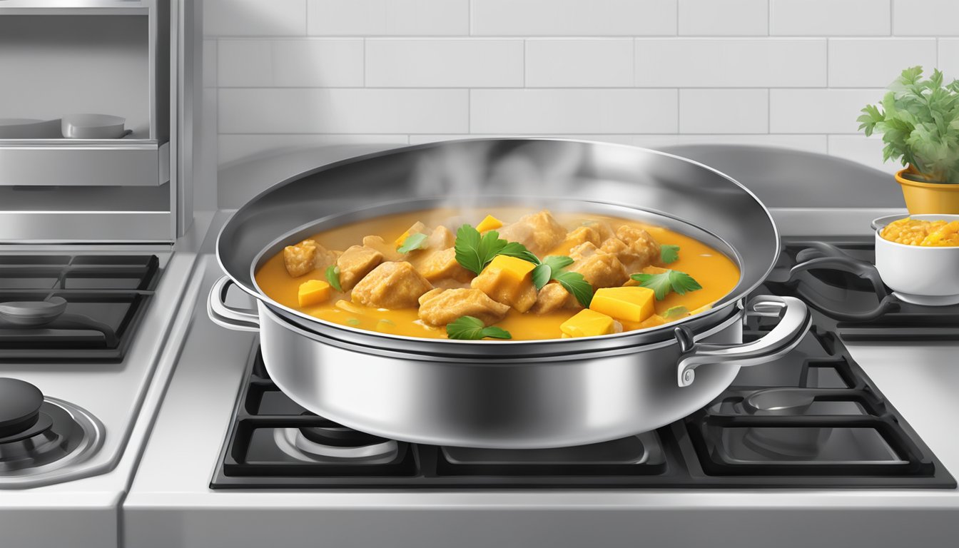 A pot of mango chicken curry on a stovetop, steam rising, with a ladle resting on the side