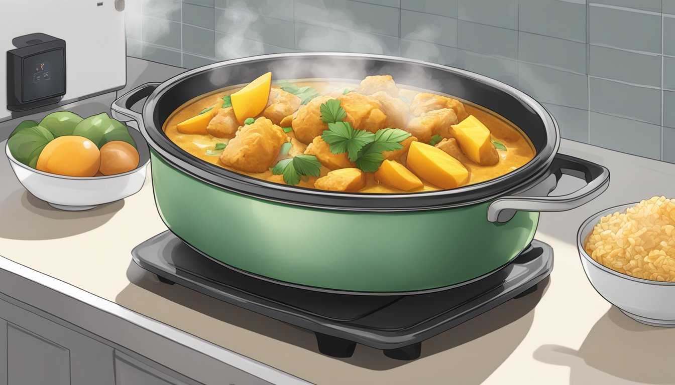 A steaming bowl of mango chicken curry sits on a stovetop, with a microwave and oven in the background