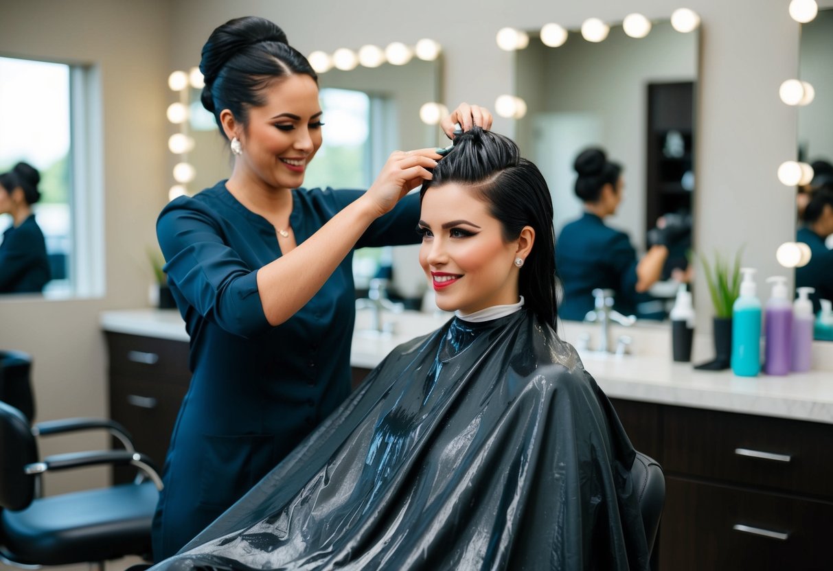 A woman at a salon, sitting in a chair with a hairdresser washing her hair before styling for a wedding