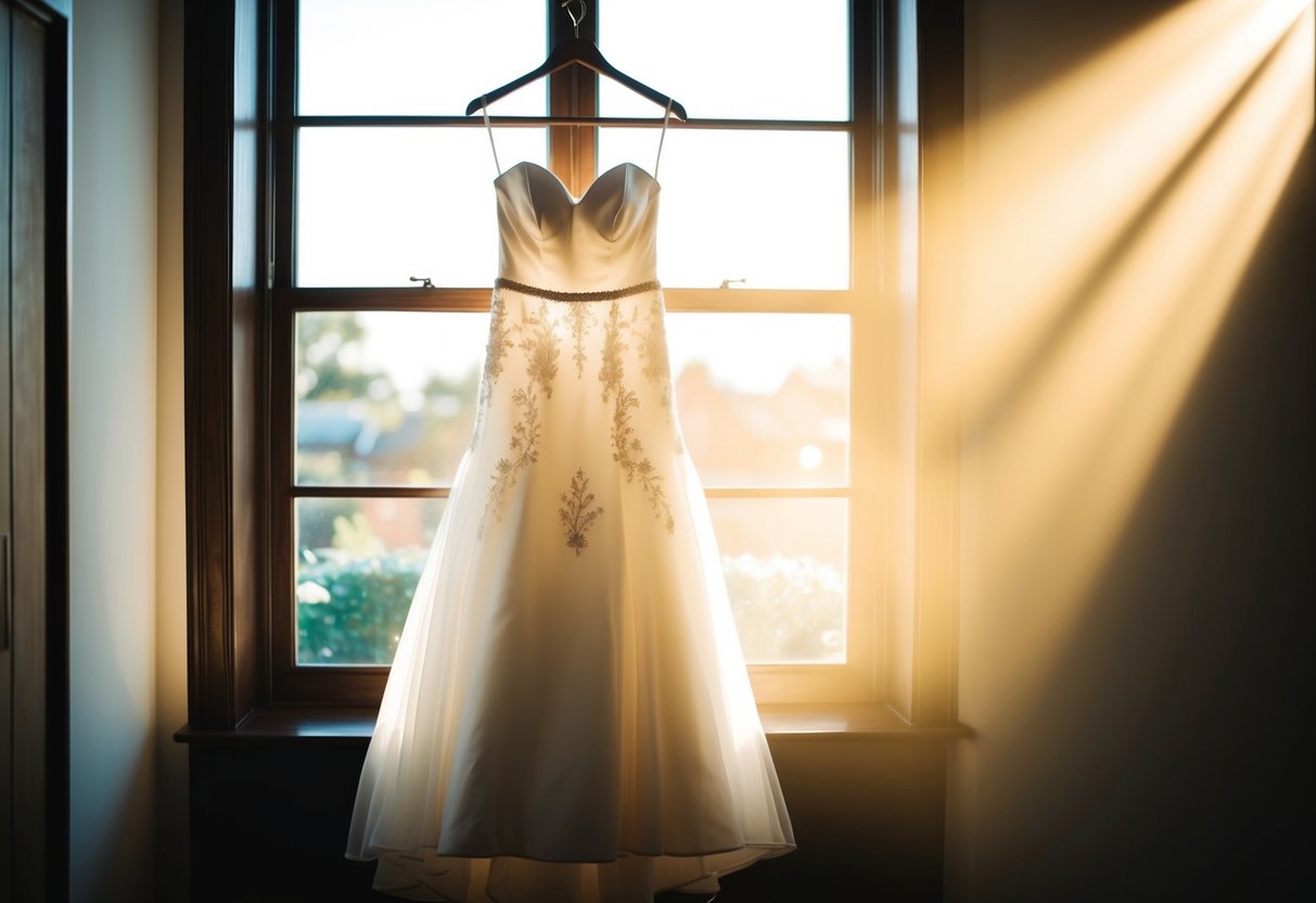 A wedding dress hanging on a hanger in a dimly lit room, with soft sunlight streaming through a window, casting a warm glow on the fabric