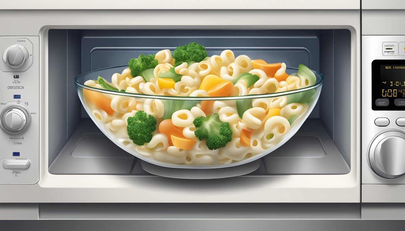 A bowl of macaroni salad being reheated in a microwave