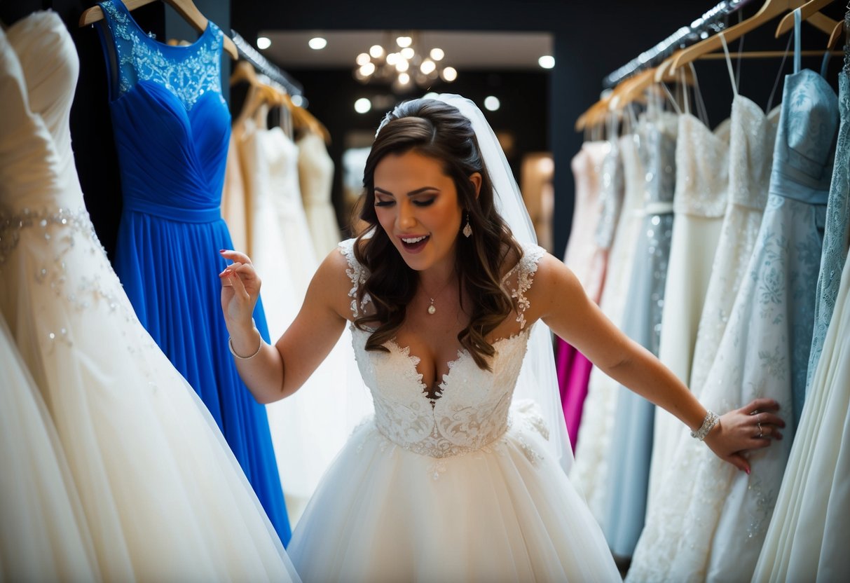 A bride-to-be frantically searches through a limited selection of wedding dresses at a boutique, feeling the pressure of time ticking away
