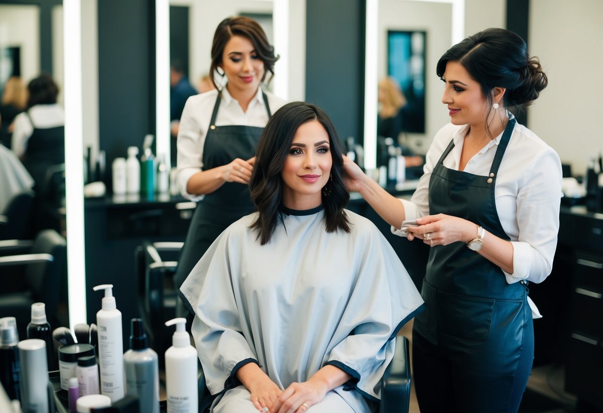 A woman sits in a salon chair, surrounded by hair products and tools. A stylist stands nearby, discussing wedding hairstyles with her