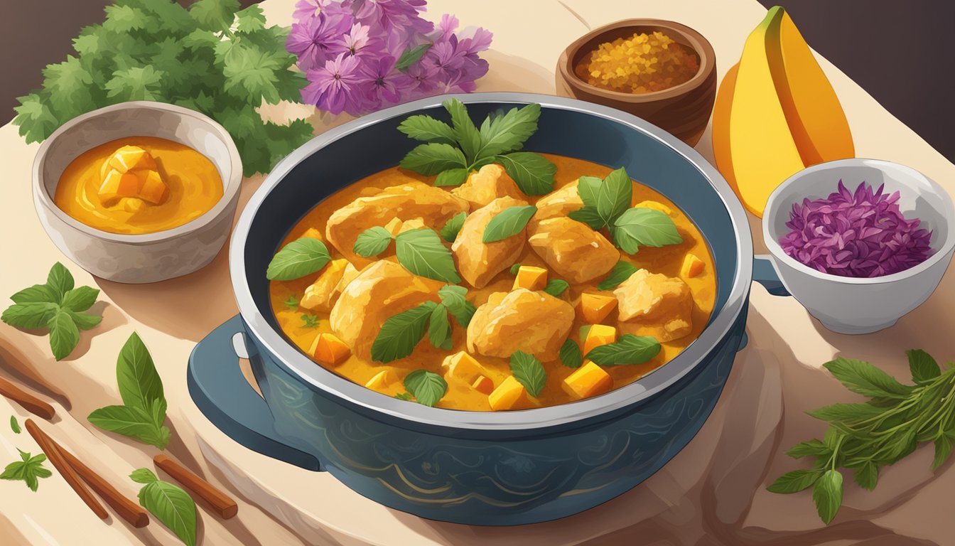 A steaming bowl of mango chicken curry is being reheated on a stovetop, surrounded by a colorful array of fresh herbs, spices, and condiments