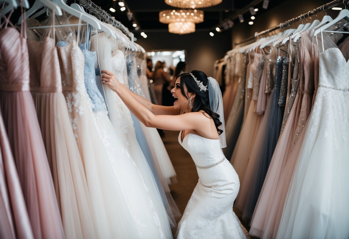 A bride frantically searches through a rack of wedding dresses in a bustling boutique, surrounded by a whirlwind of fabric and tulle