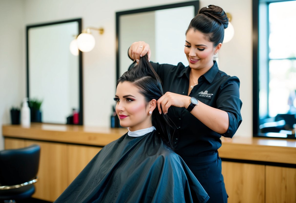 A person sitting in a salon chair, with a hair stylist washing their hair before styling it for a wedding