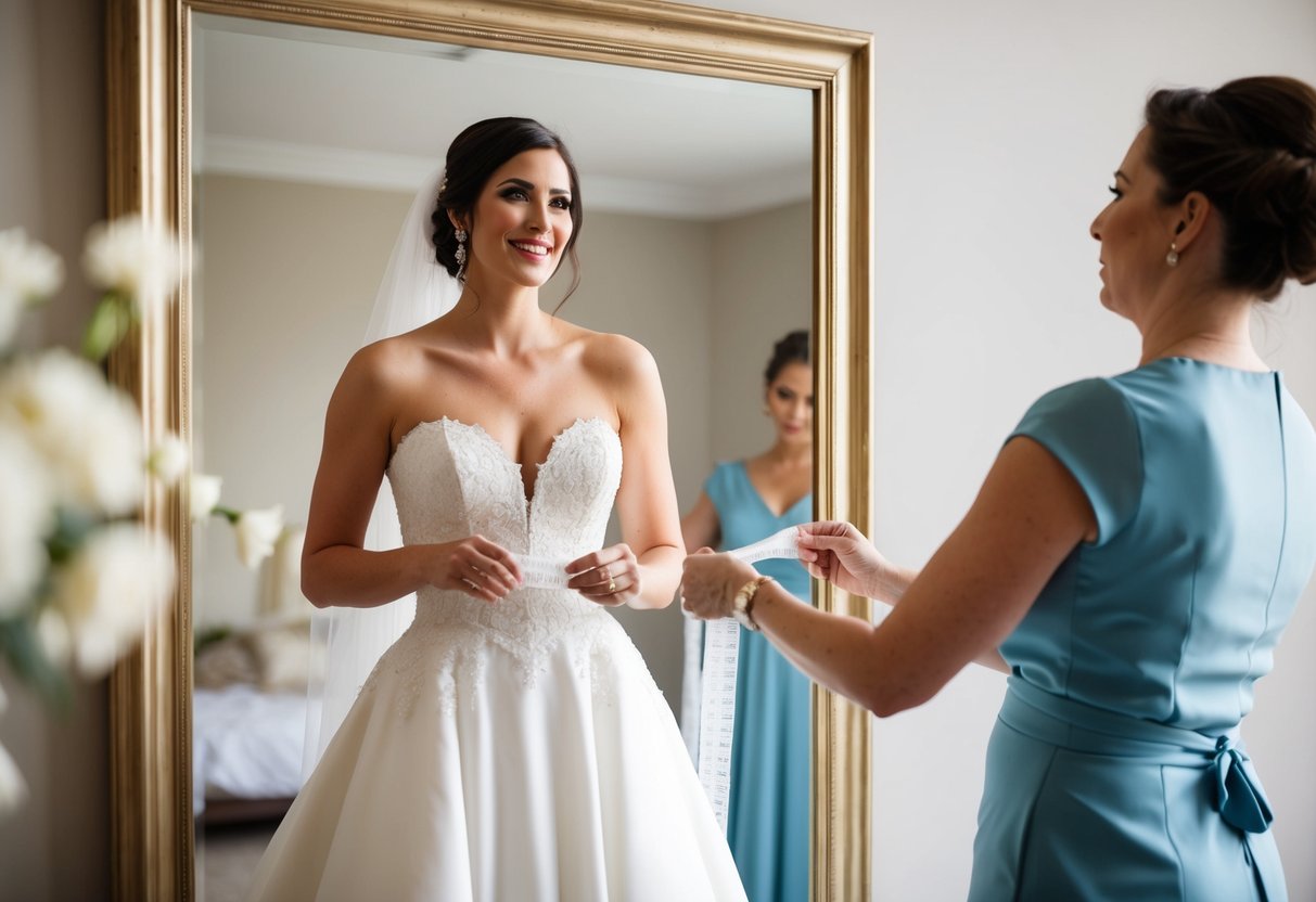 A bride standing in front of a mirror, holding a wedding dress up to her body, while a seamstress measures the fabric for alterations
