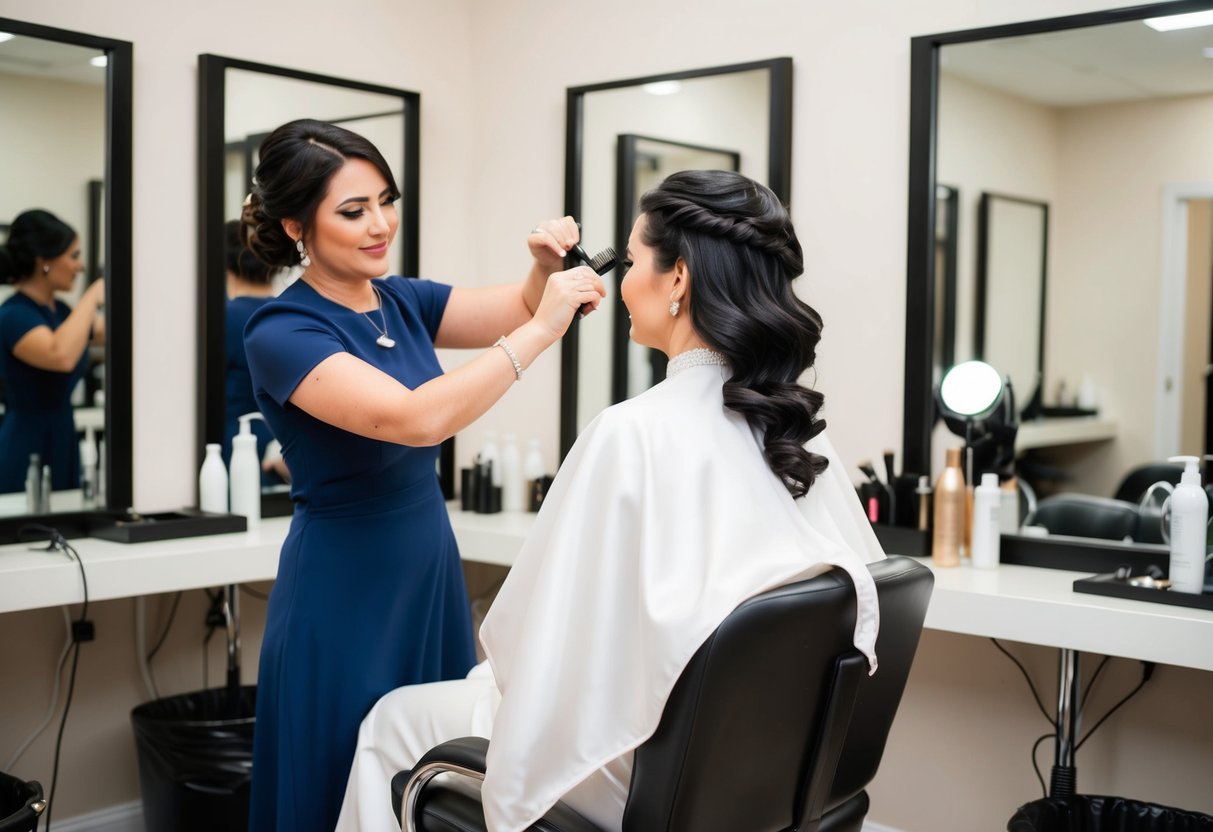 A bride sits in a salon chair, surrounded by mirrors and hair styling tools. A stylist carefully applies the final touches to her hair, adding volume and shine for the wedding day