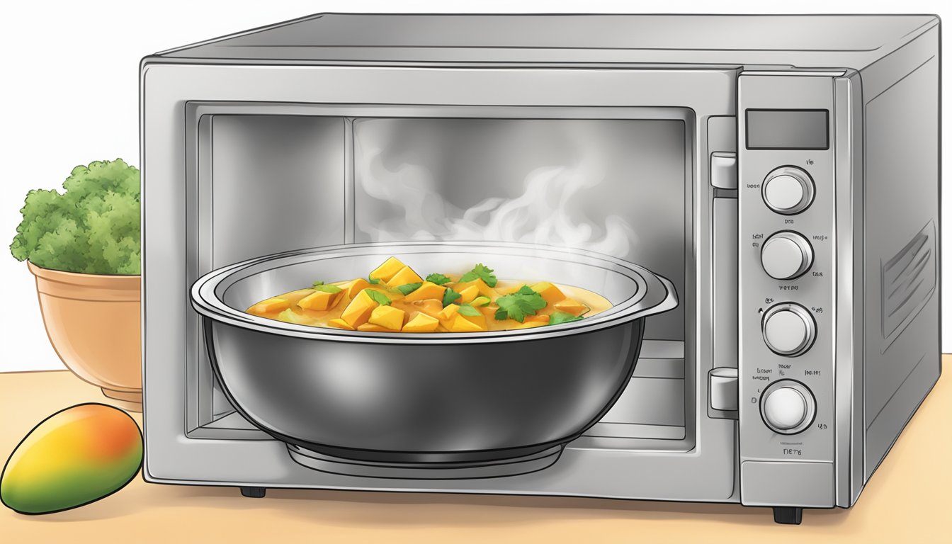 A steaming bowl of mango chicken curry being reheated in a microwave