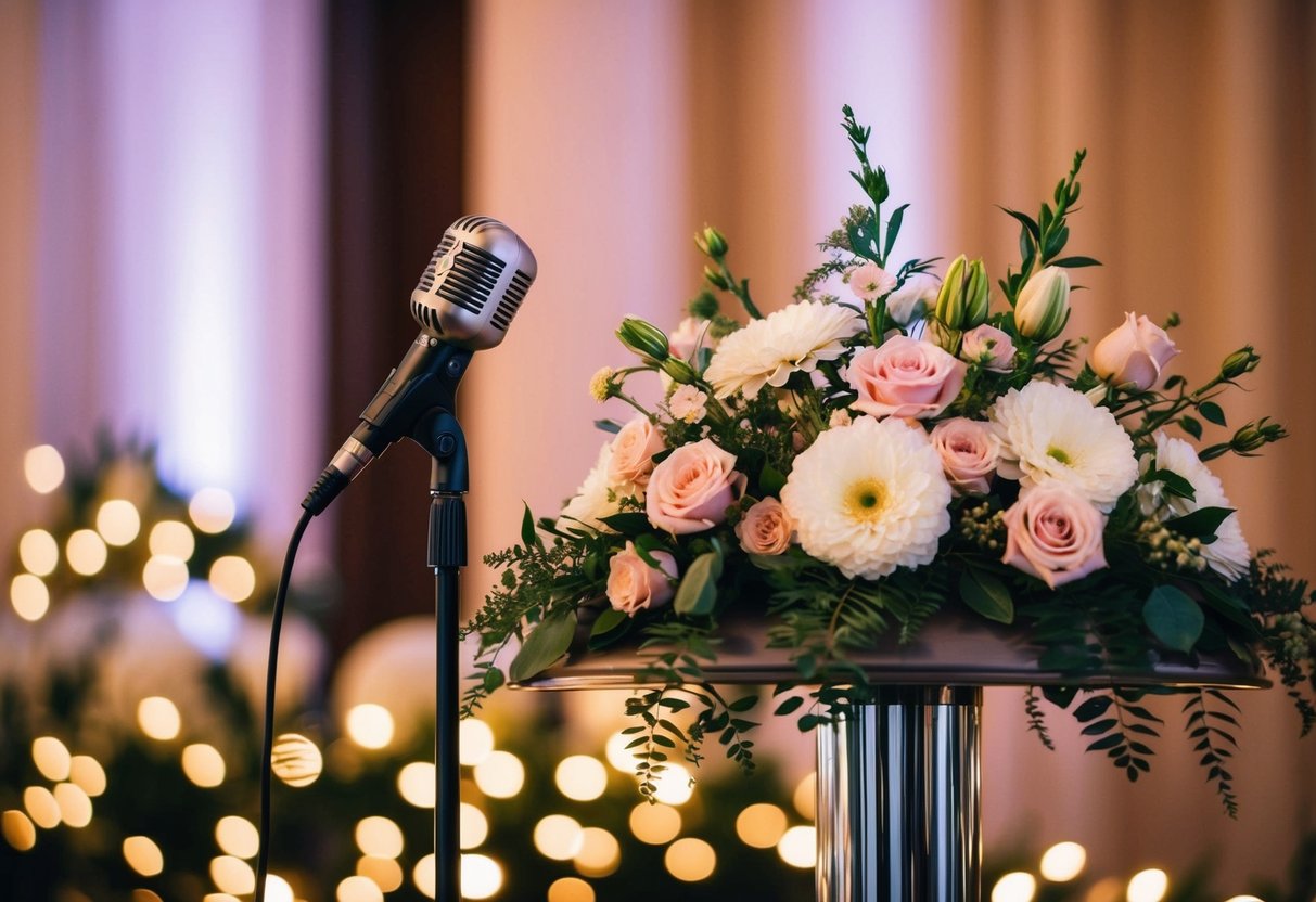 A microphone stands on a podium adorned with flowers, surrounded by twinkling lights and elegant decor