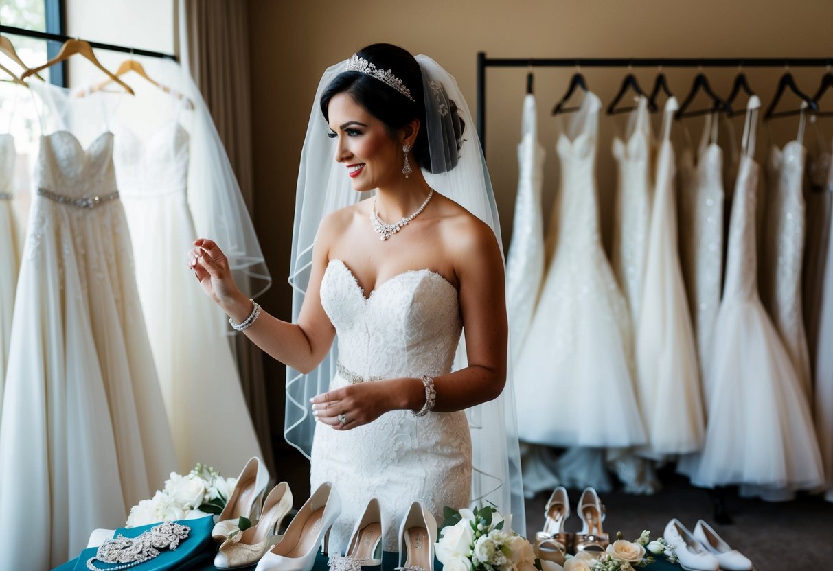 A bride surrounded by a variety of accessories and finishing touches, such as veils, jewelry, and shoes, while standing next to a rack of wedding dresses