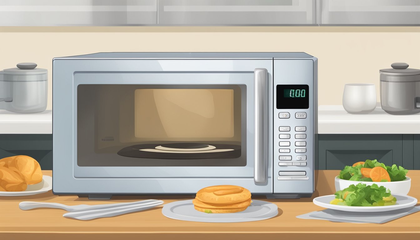 A microwave with a plate of sliced mettwurst inside, the timer counting down