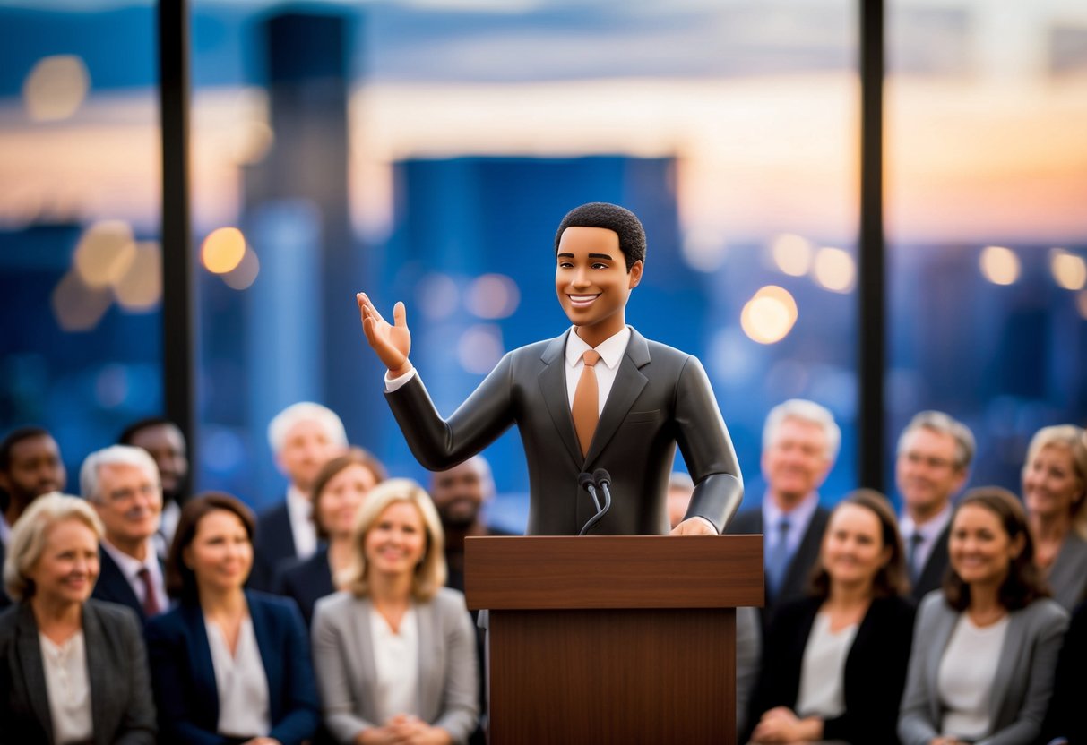 A figure standing at a podium, gesturing confidently with a warm smile, surrounded by a group of attentive listeners