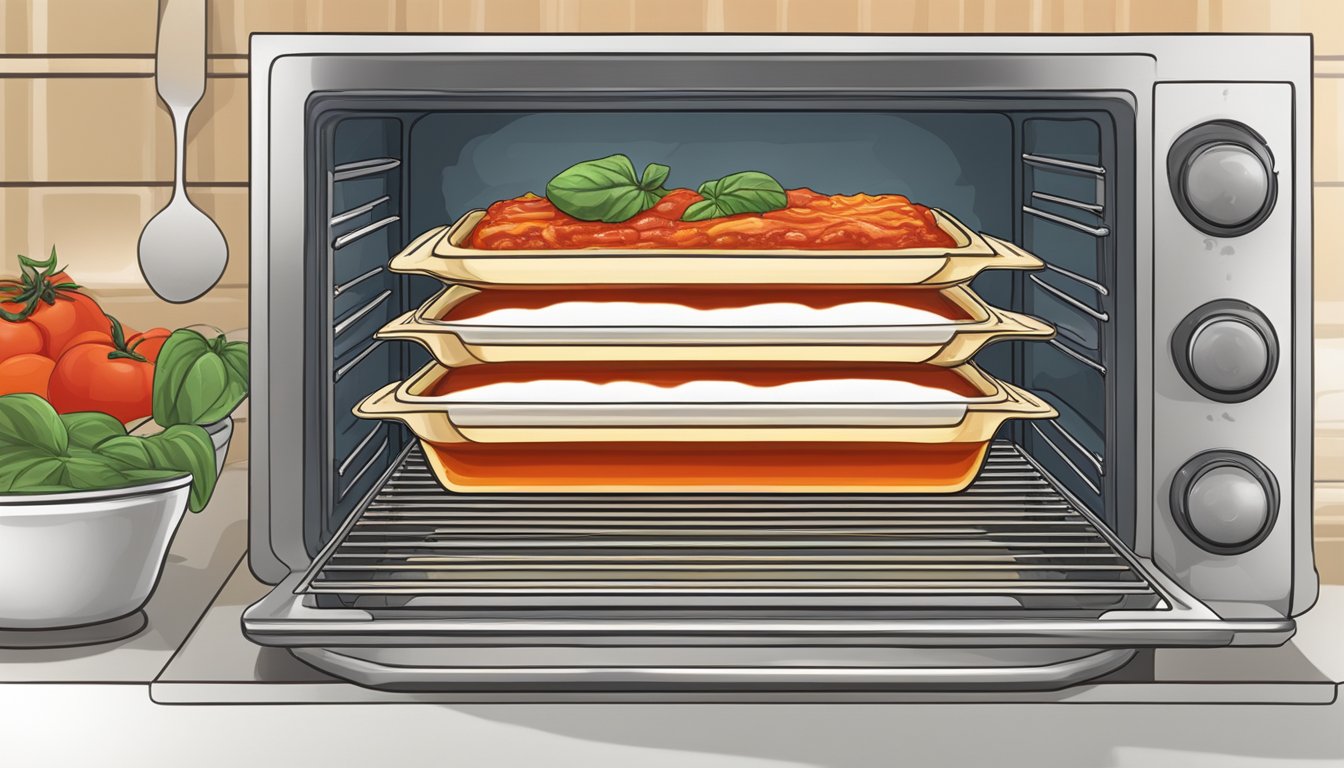 A steaming dish of manicotti with marinara sauce being heated in the oven