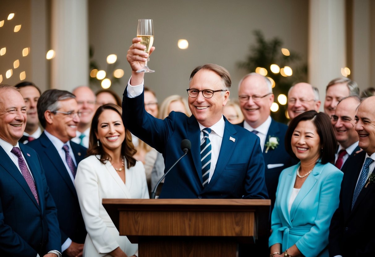 A person standing at a podium, surrounded by smiling faces, raising a glass in a toast