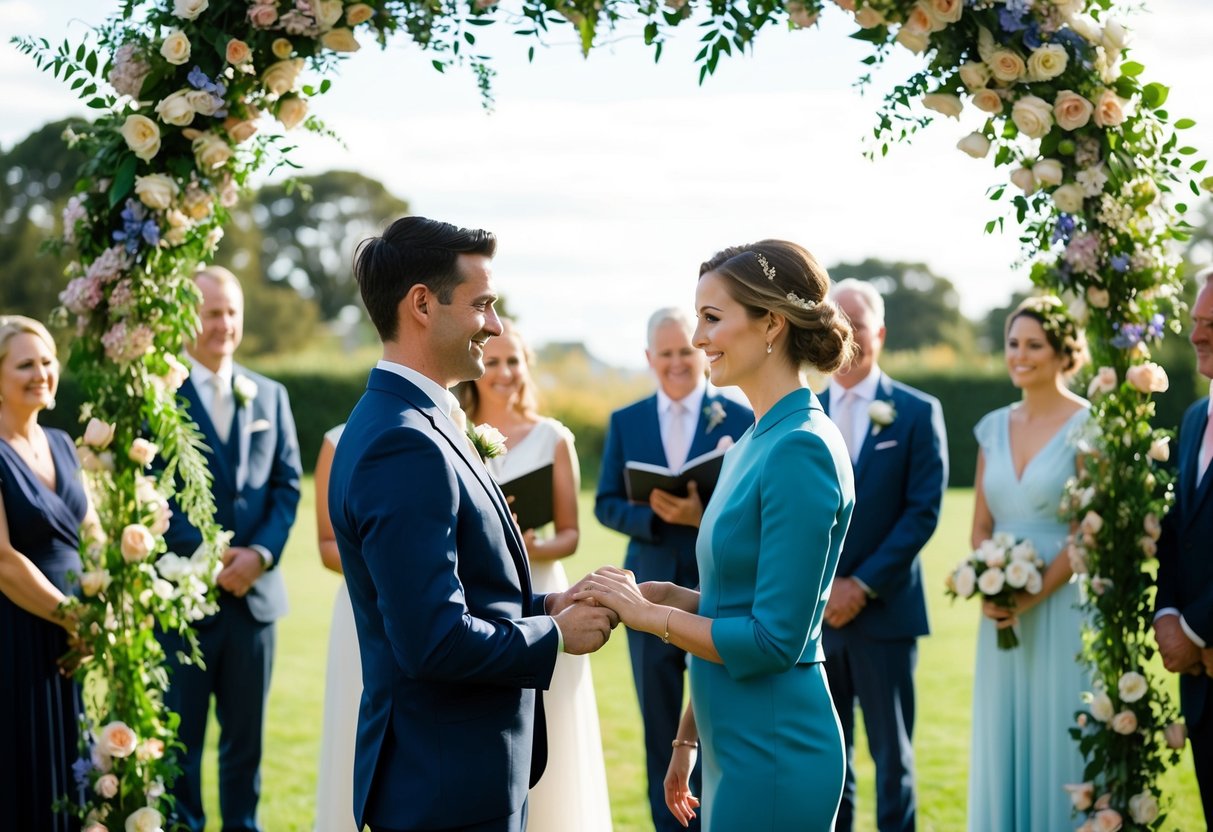 A couple standing side by side under an arch of flowers, surrounded by their loved ones, exchanging vows and rings
