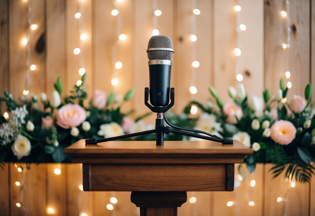 A microphone on a wooden podium, surrounded by floral arrangements and twinkling fairy lights