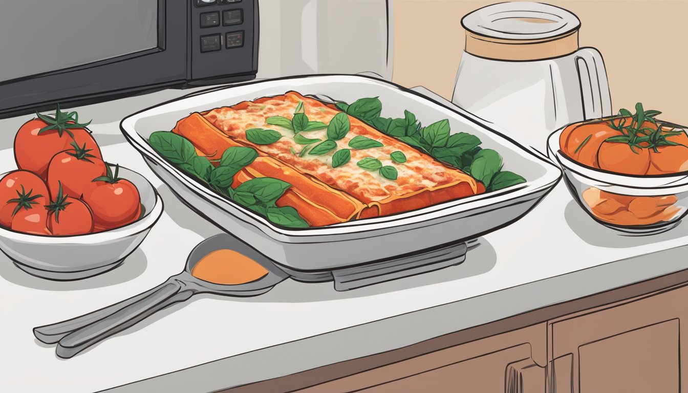 A steaming plate of manicotti sits on a microwave-safe dish, covered in marinara sauce. The microwave timer reads 2 minutes