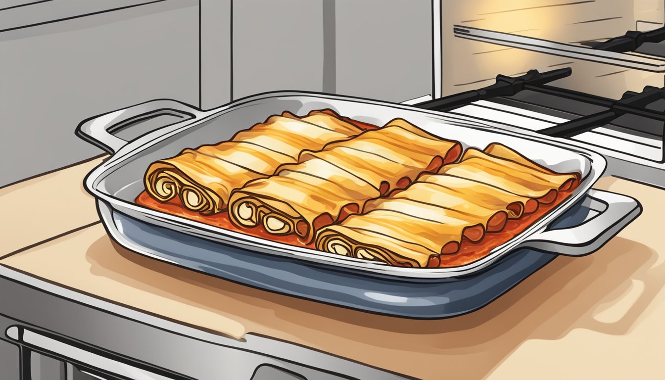 A plate of manicotti with marinara sauce being heated in the oven