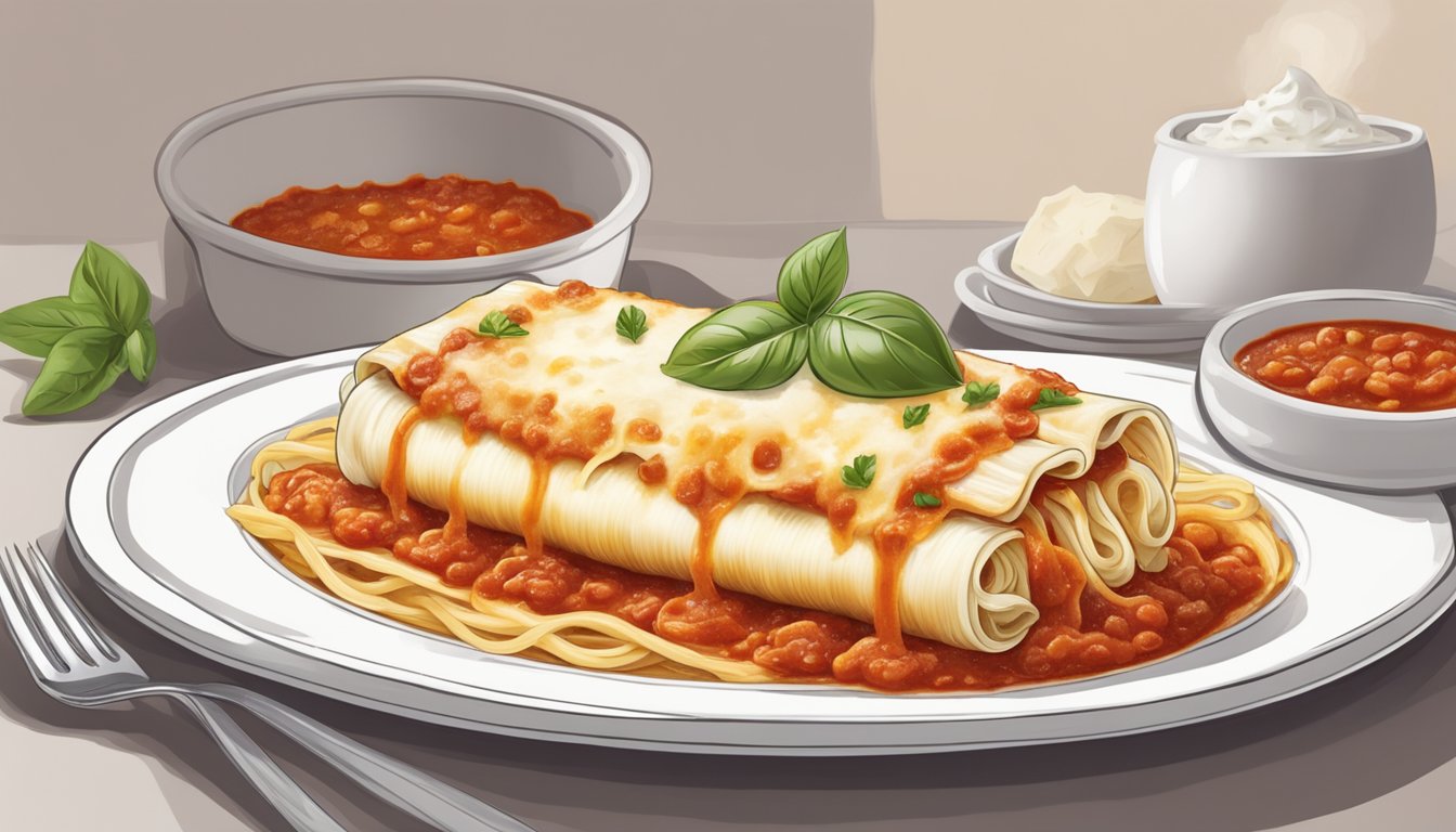 A steaming dish of manicotti sits on a white plate, smothered in rich marinara sauce and sprinkled with melted mozzarella cheese