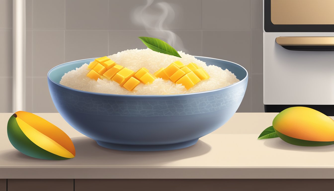 A bowl of mango sticky rice being gently reheated in a microwave or steamer