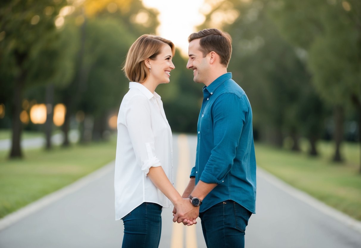 A couple standing closely, smiling, and looking into each other's eyes as they hold hands