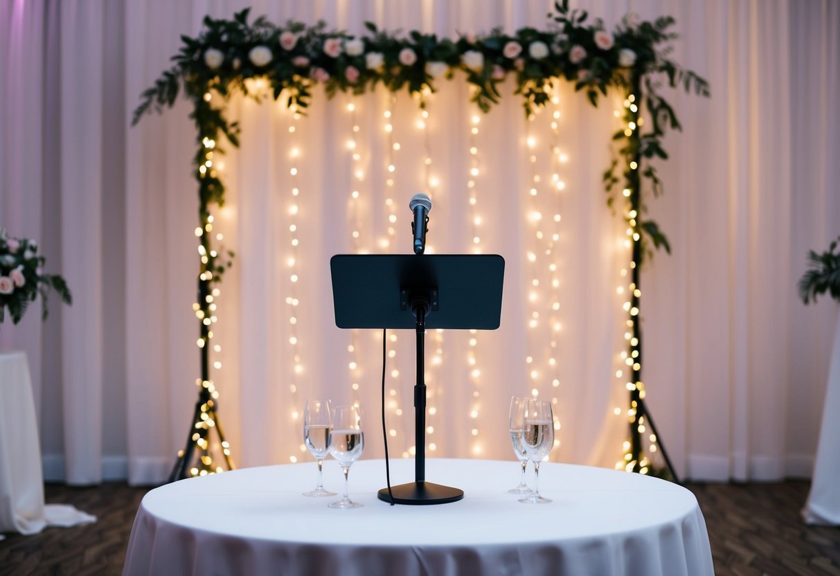 A small, intimate wedding reception with a microphone and podium set up in front of a backdrop of twinkling fairy lights and floral decorations