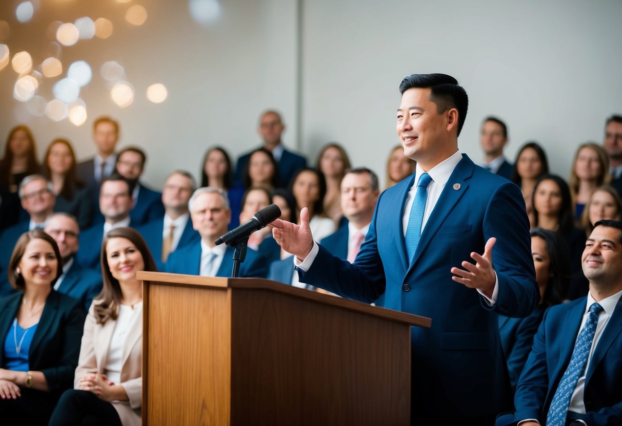 A couple standing at a podium, facing an audience with attentive expressions. The speaker gestures confidently, while the listeners nod and smile in agreement