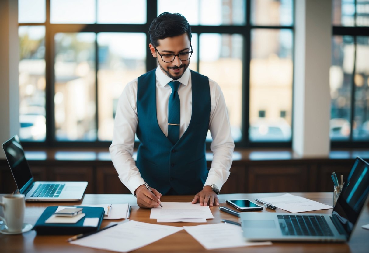 A person standing at a desk, surrounded by paper, pens, and a laptop, with a thoughtful expression as they work on crafting a short wedding speech