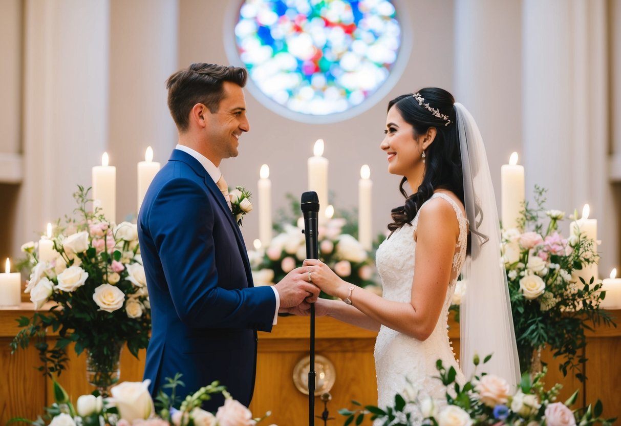 A bride and groom standing together at the altar, surrounded by flowers and candles, with a microphone in the center