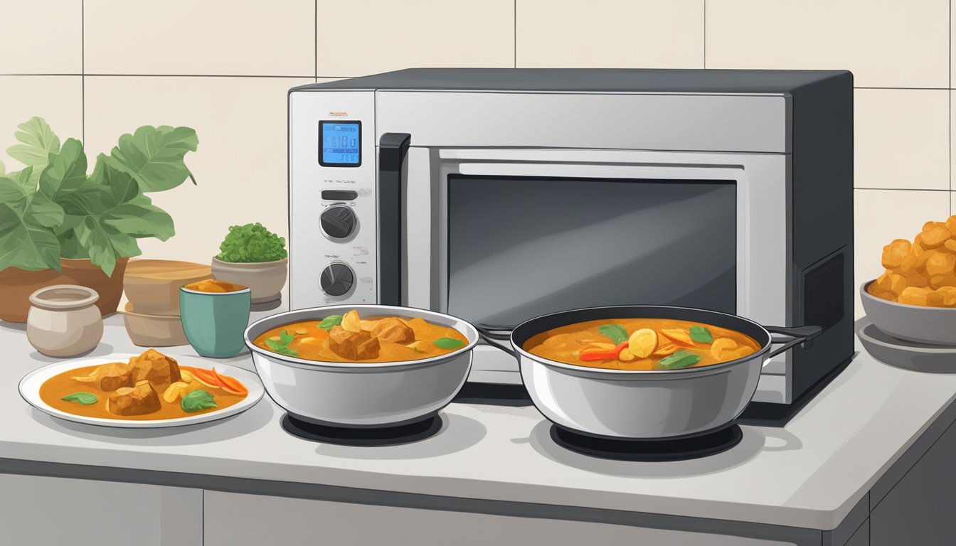 A steaming bowl of massaman curry sits on a stove, while a microwave and oven are nearby