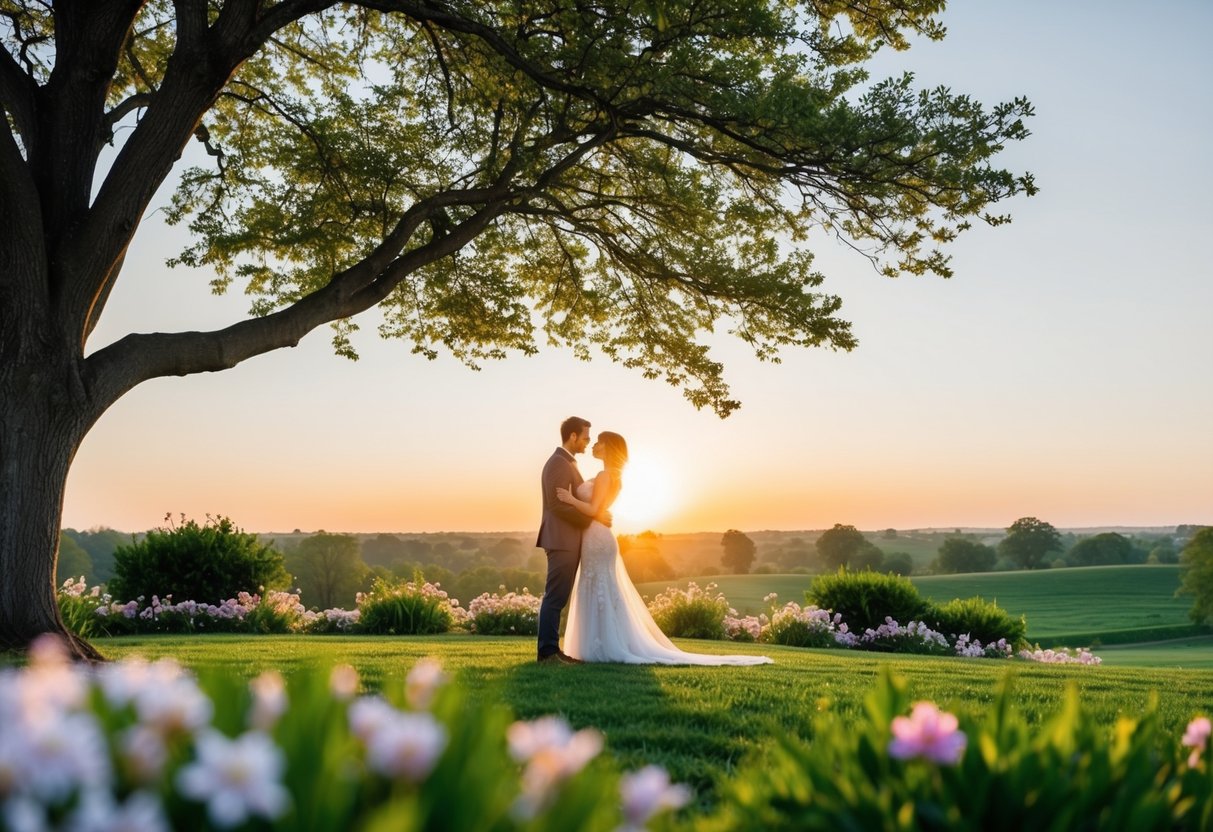 A couple standing beneath a tree, surrounded by blooming flowers and a serene landscape, with the sun setting in the background