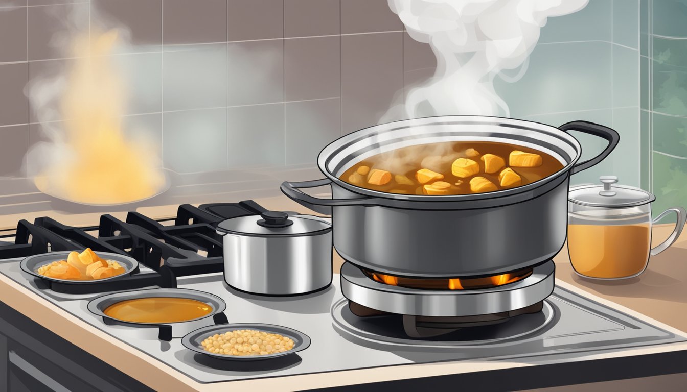 A pot of massaman curry sits on a stovetop, being gently reheated over a low flame. Steam rises from the rich, fragrant dish as it simmers