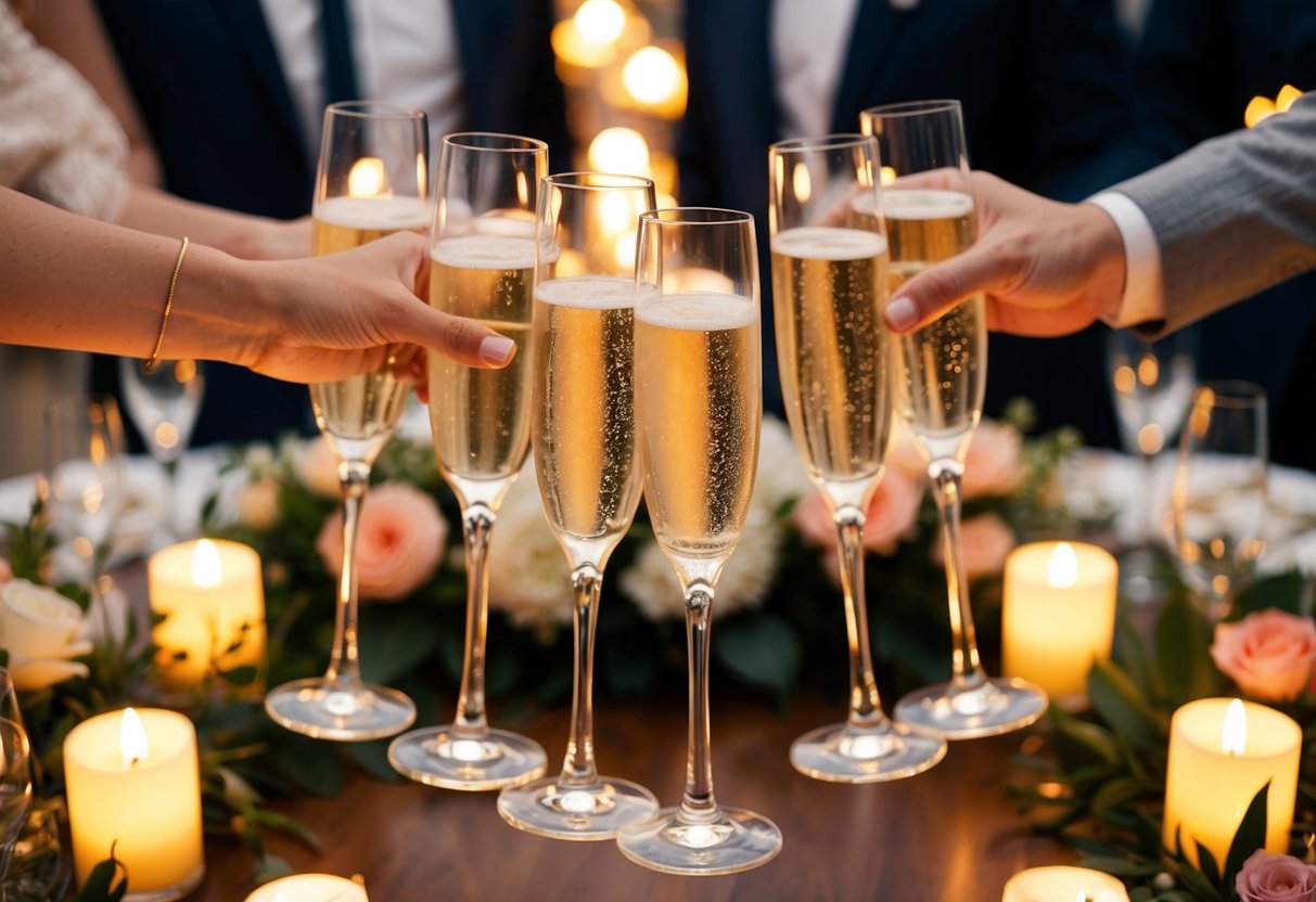 A group of champagne glasses clink together in a celebratory toast, surrounded by floral centerpieces and glowing candlelight