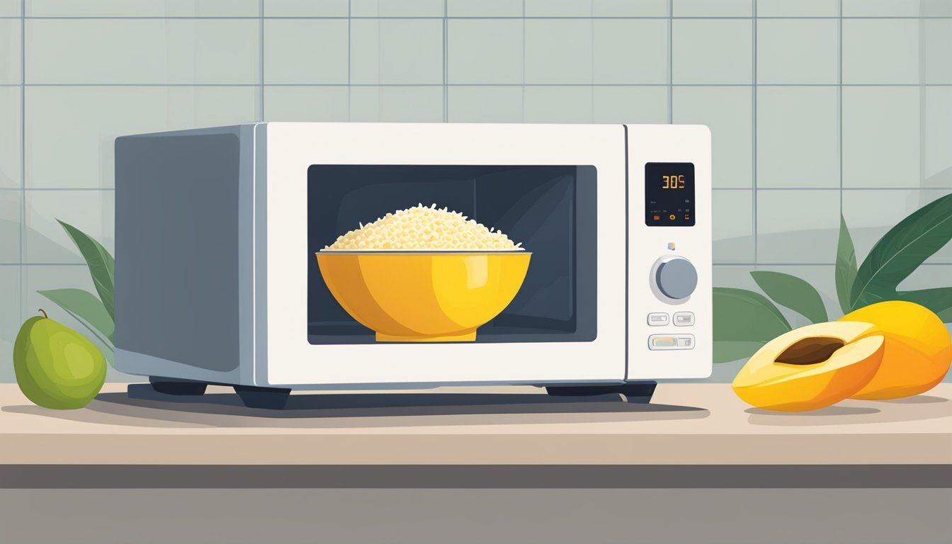 A microwave with a bowl of mango sticky rice inside, rotating as it heats up