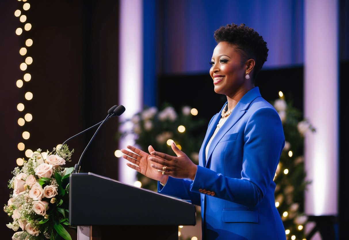 A person standing at a podium, surrounded by flowers and twinkling lights, practicing a speech with a smile on their face