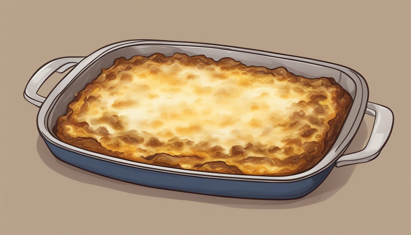 A steaming dish of moussaka being reheated in the oven, with a golden-brown, creamy top layer and bubbling around the edges