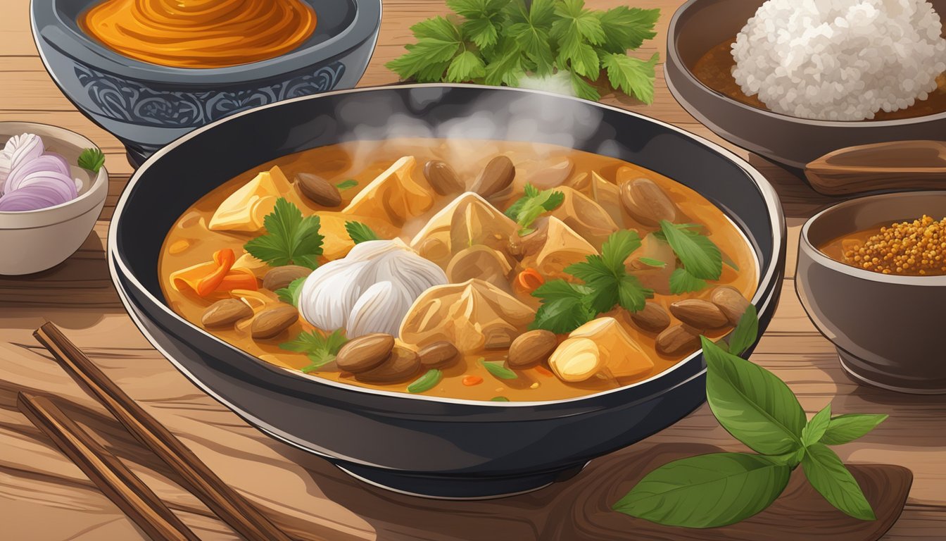 A steaming bowl of massaman curry sits on a wooden table, surrounded by aromatic spices and herbs. Steam rises from the rich, flavorful curry, creating an inviting scene