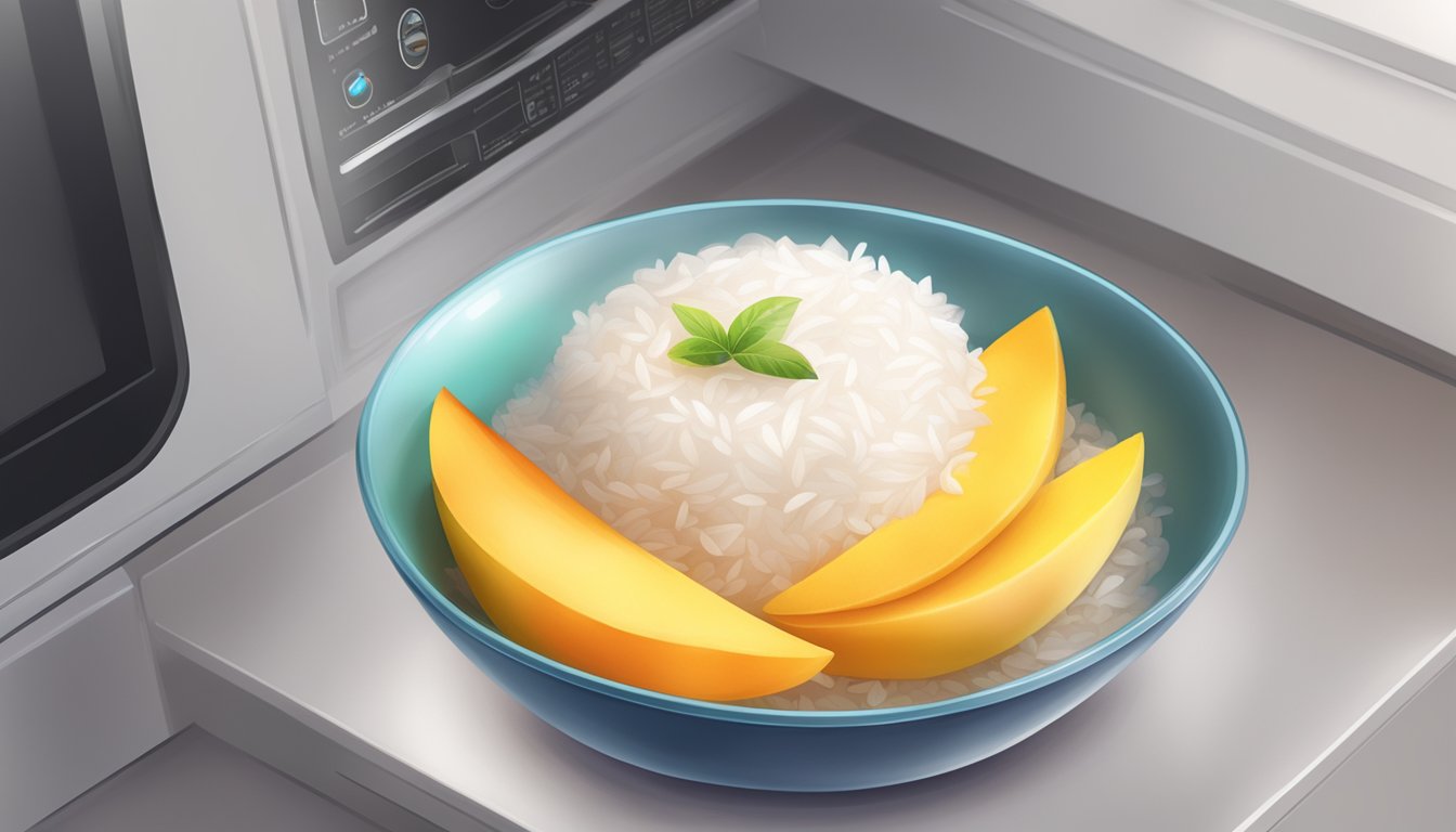 A bowl of mango sticky rice being gently warmed in a microwave, with steam rising and the sweet aroma filling the air