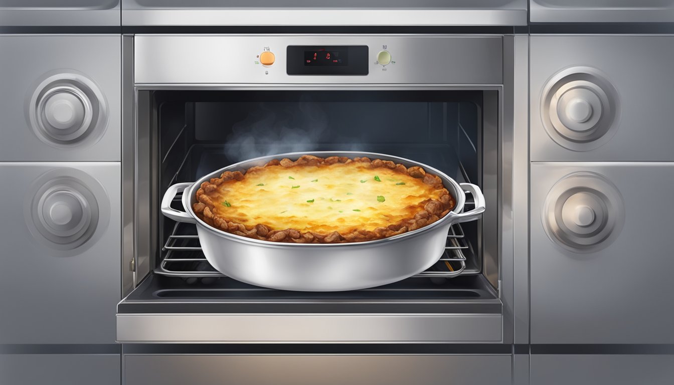 A steaming dish of moussaka being reheated in the oven, emitting a savory aroma